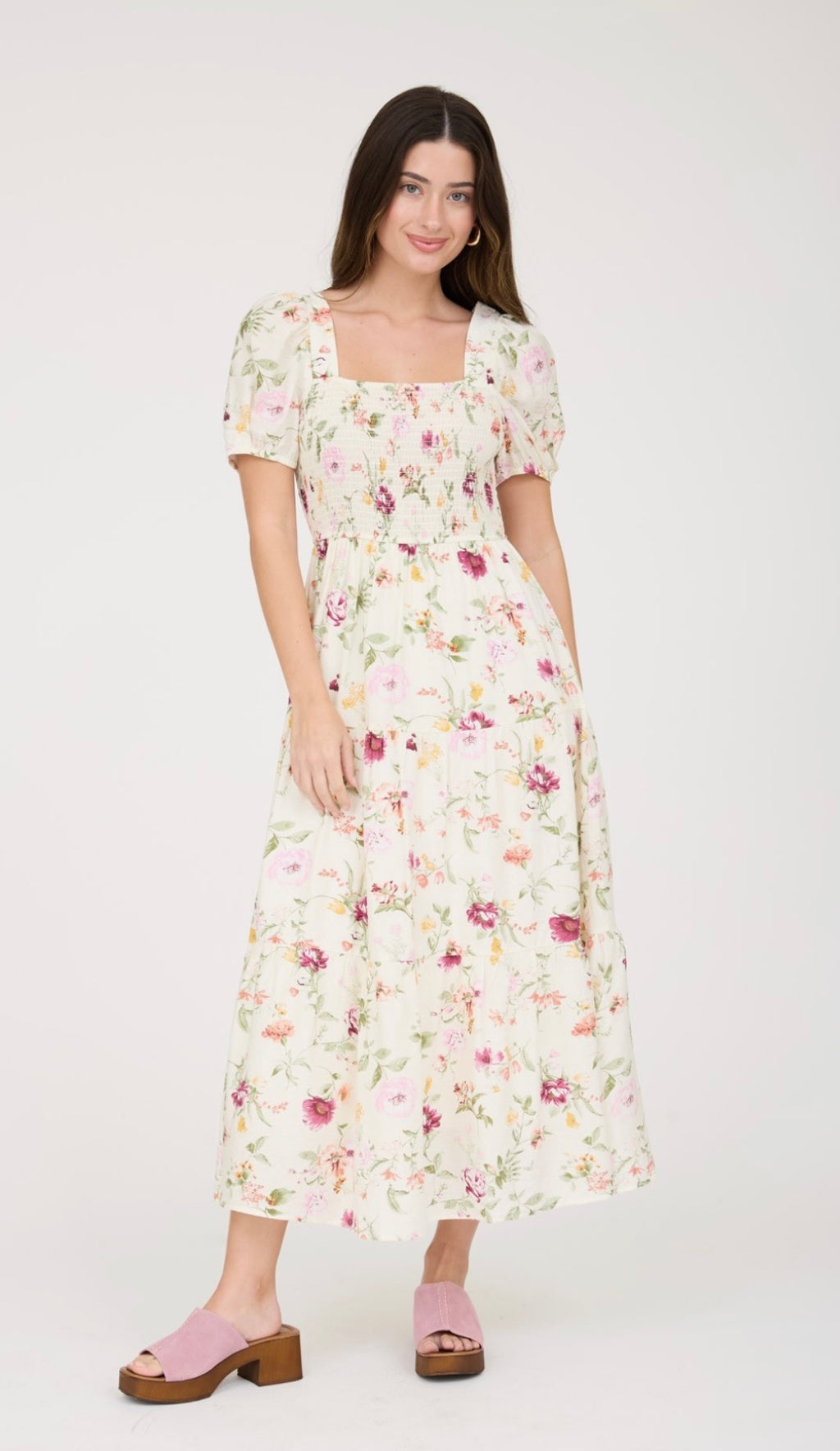 Floral Smocked Puff Sleeve A-line Midi Dress