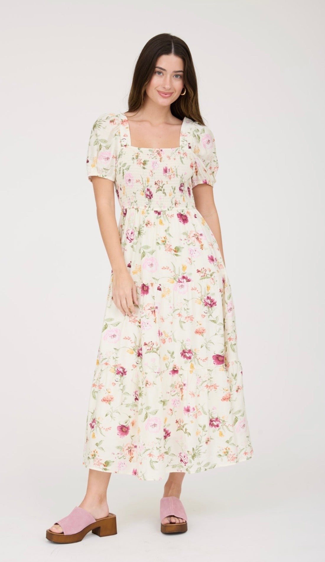 Floral Smocked Puff Sleeve A-line Midi Dress