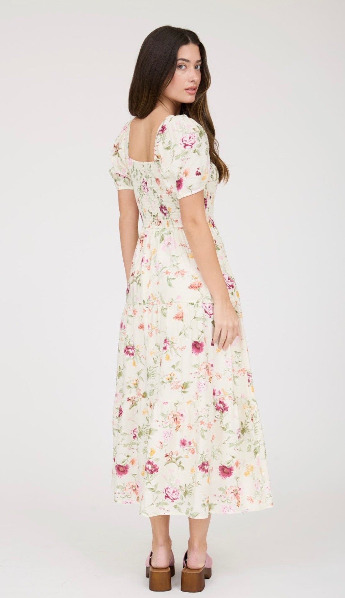 Floral Smocked Puff Sleeve A-line Midi Dress