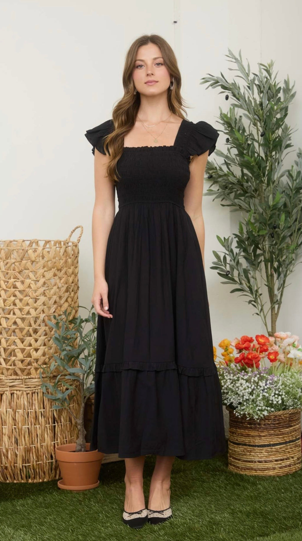 Mock Button Down Smocked Ruffle Detail Midi Dress