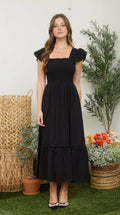 Mock Button Down Smocked Ruffle Detail Midi Dress