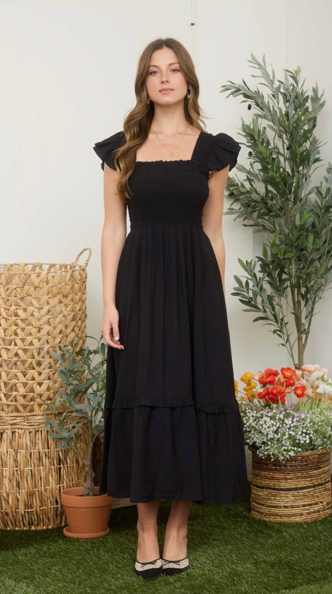 Mock Button Down Smocked Ruffle Detail Midi Dress