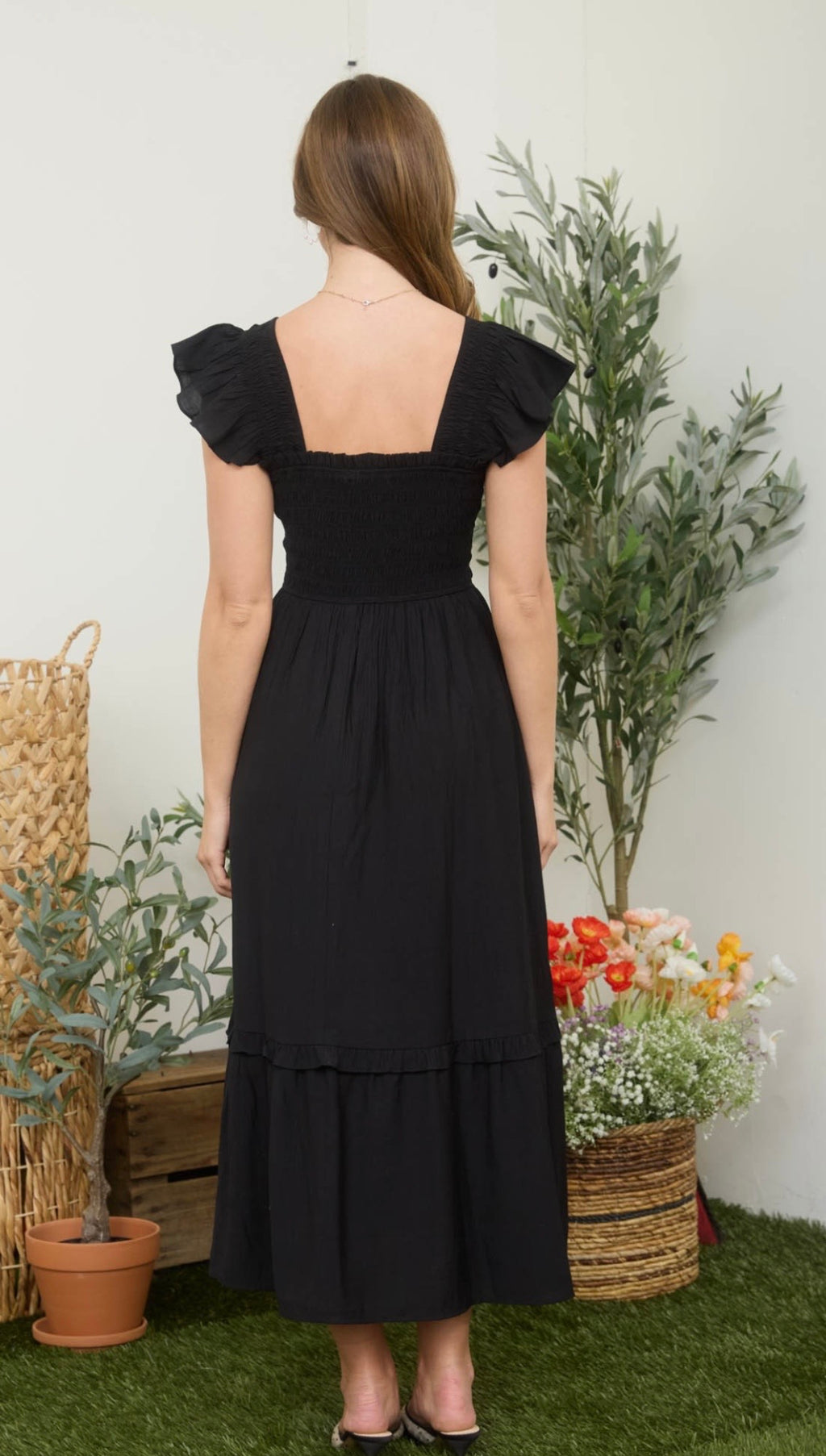 Mock Button Down Smocked Ruffle Detail Midi Dress